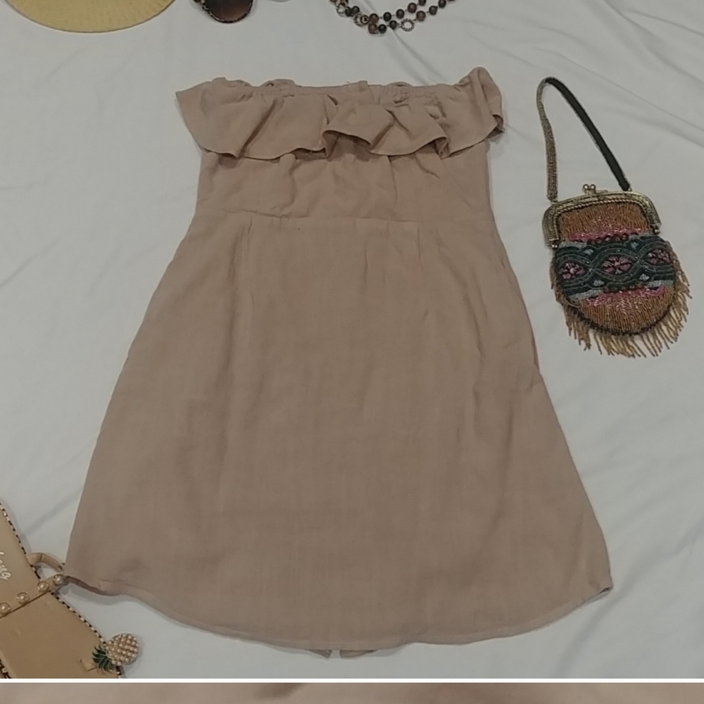 Honey Punch neutral beige Linen blend Summer sun mini dress S